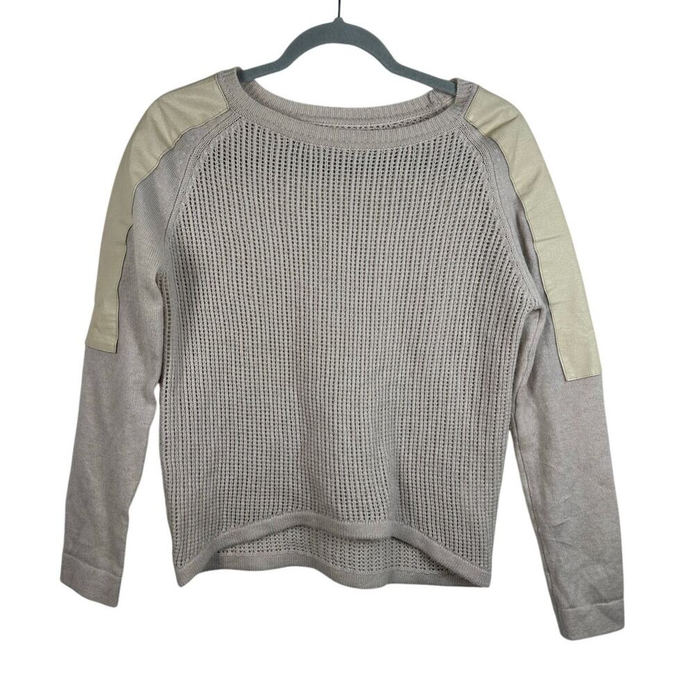 Brochu Walker Cashmere Wool Open Knit Leather Panel Sweater Size XS EUC